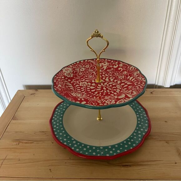 PIONEER WOMAN CUPCAKE DESSERT STAND 2-TIER Travelling Vines Teal White Dots NWOT - Picture 3 of 8